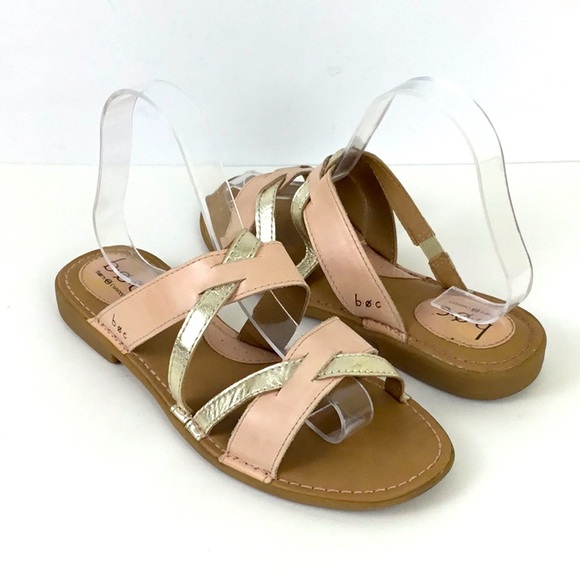 b.o.c. Born Concept Gold and Tan Leather Sandals Slides Criss Cross Straps - Picture 1 of 7